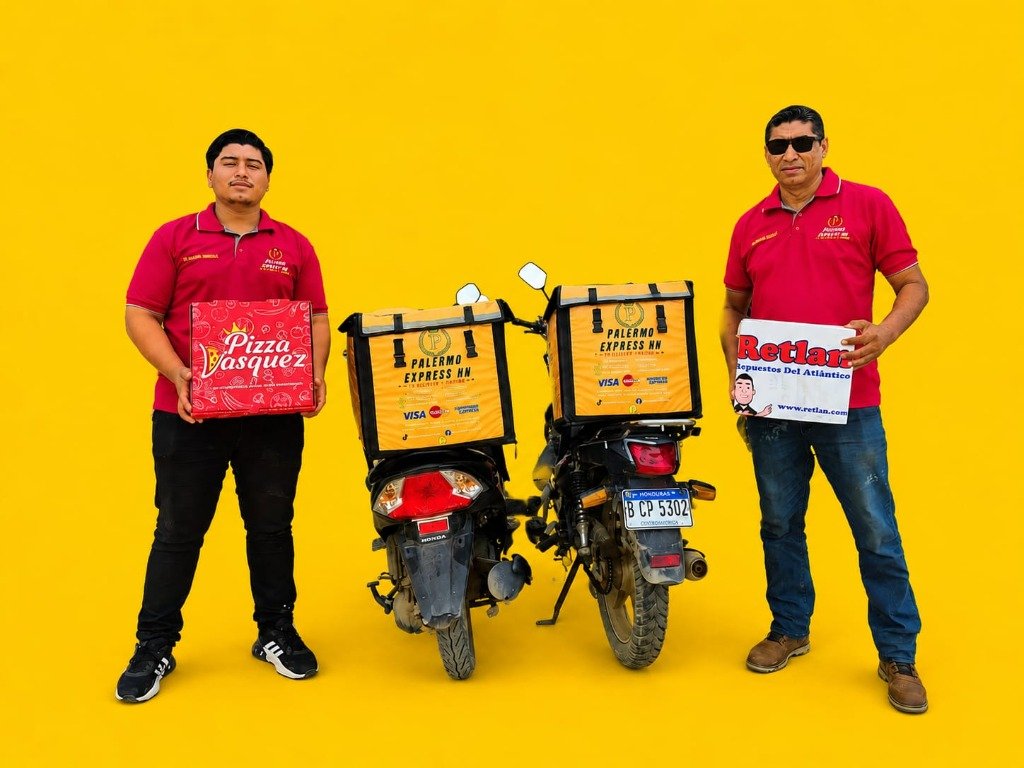 Equipo de repartidores de Palermo Express con sus motos y productos de clientes